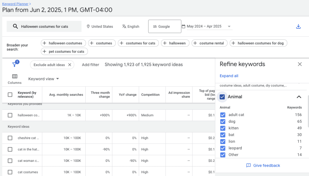keyword planner cat search results